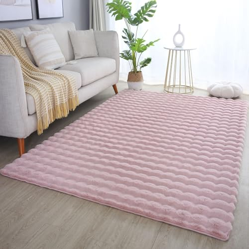 Carpetsale24 Teppich 160x230 cm Rosa, Flauschiger Teppich in Felloptik mit Hoch-Tief Struktur & Bubble-Design, Super Weich, Plüschig, Ideal für Wohnzimmer & Schlafzimmer