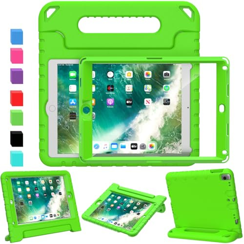 SINSO Étui pour enfants pour iPad 9,7 2018/2017 – avec protecteur d'écran, résistant aux chocs, poignée et support pour iPad 9,7 2017/2018 (iPad 5e et 6e génération), iPad Air 2 – Vert