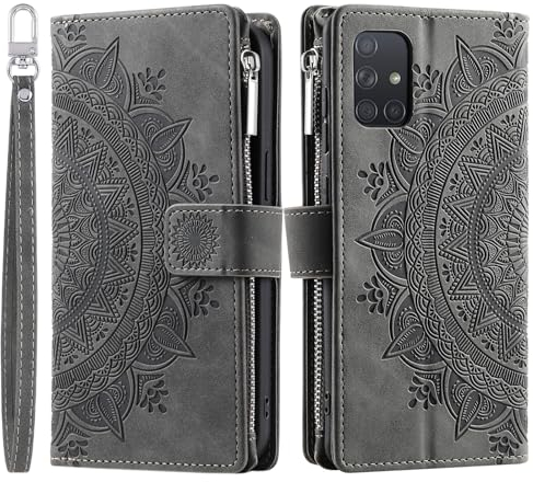 VEEMOS Handyhülle für Samsung Galaxy A51 5G hülle Klappbar Blumen Handytasche Schutzhülle Klapphülle mit Kartenfach Handy Tasche Book Cover Flip Case Ständer - Grau