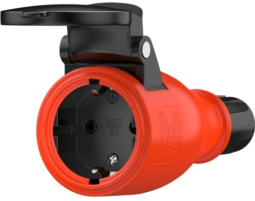 RedStar24 Schuko Kupplung 230V IP54 - Robuste Steckdosen, 3-Polig, Gummi & Kunststoff, Schwarz Rot | Automatische Federabdeckung, Einhandbedienung | Ideal für Gewerbe/Baustelle & Outdoor Anwendungen