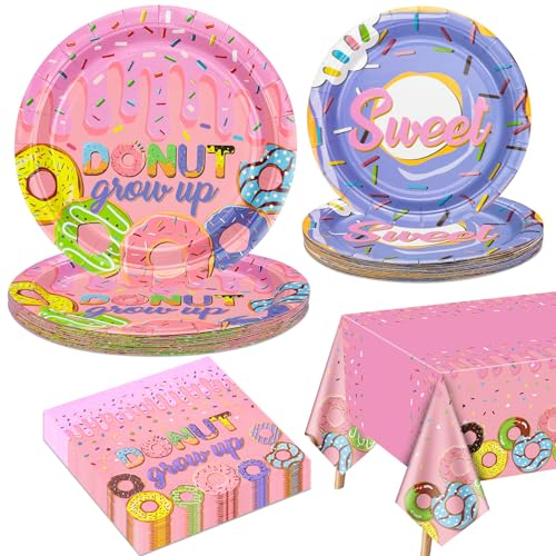 Donut Party Dekorationen für 20 Gäste, einschließlich Donut Grow Up Pappteller, süße Pappteller, Servietten, Donut Tischtuch für Mädchen Baby Donut Thema Geburtstag Party Sweet One Party Zubehör