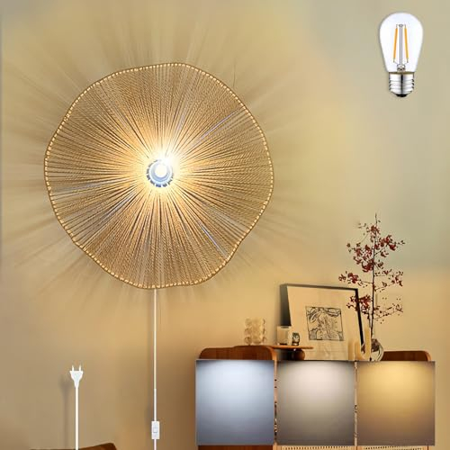 40CM Vintage Wandleuchte mit Schalter und Stecker Dimmbar Wandlampe Innen Boho Rattan Lampe E27 Nachttischlampe Rustikal Retro Hanfseil lampe mit 180cm Kabel für Schlafzimmer Wohnzimmer Flur Cafe