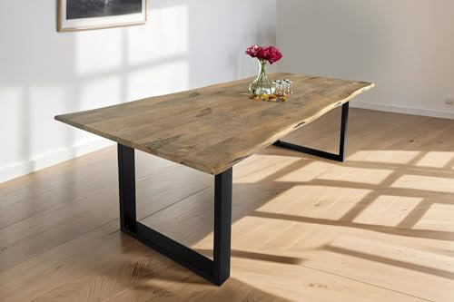 SAM Esstisch Tiger 220 x 100 cm, Mangoholz massiv & naturfarben, Baumkantentisch mit U-Metallgestell in Schwarz, echte Baumkante, Esszimmertisch in Vintage-Optik