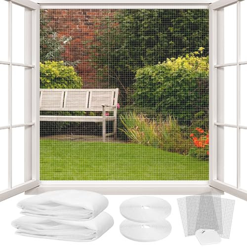 LATRAT Moustiquaire Fenêtre Découpable, pour Porte de Balcon, Jardin, Protection Fenetre Chat, Ajustable Maille Fine Anti-insectes avec Rubans Adhésifs sans Percage (Blanc, 150 * 180cm, Lot de 2)