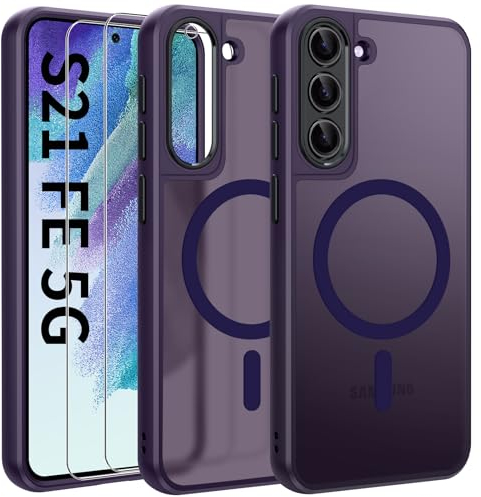 Opkiegrn Magnetisch HandyHülle Kompatibel mit Samsung Galaxy S21 FE Kompatibel mit MagSafe mit 2 Schutzfolie,Vollständiger Kameraschutz, Stoßfest Dünn Durchscheinende Matt SchutzHülle Case (Lila)
