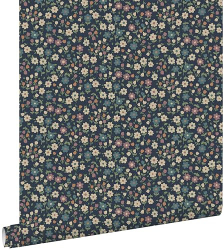 papier peint fleurs bleu foncé, rose lilas et vert grisé 53 cm x 10.05 m - ESTAhome