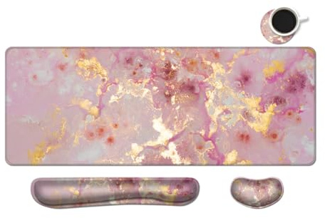 MIBITRI Tastatur-Mauspad-Set, erweitertes Gaming-Mauspad + ergonomische Tastatur-Handgelenkauflage, Memory-Schaum, einfaches Tippen, Schmerzlinderung, 3 Stück XXL-Schreibtischunterlage, rosa Marmor