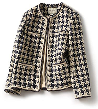 TangDao Veste Courte à Carreaux en Tweed Femme Blazer Col Rond Élégant pour Femme Automne Noir plus épais M(étiquette XL)
