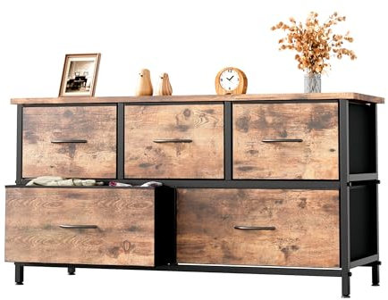 CAIYUN Schmaler Aufbewahrungsschrank mit 5 Stoffschubladen, Kommode für Schlafzimmer, Wohnzimmer, Kinderzimmer, Metallrahmen und Holzplatte, Platzsparend, Vintage Braun