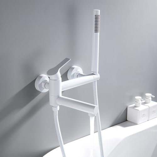 Robinet De Baignoire Robinet Douche Mural Laiton Monocommande Mitigeur De Baignoire Avec Douchette Et Flexible De Douche (150cm), Robinet De Salle De Bain, Blanc