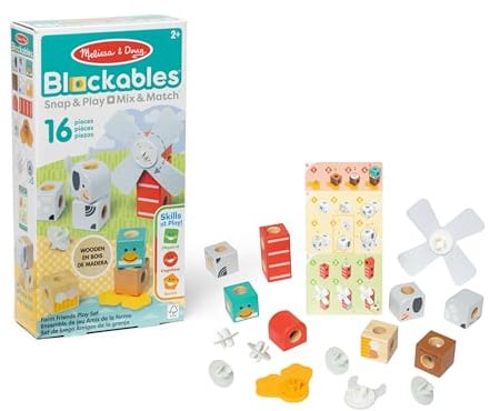 Melissa & Doug - Blockables Bauernhoffreunde Bauset - 16 teiliges Set mit Holzbausteinen, Steckverbindungen und Filzteilen zum Bauen von 2 Tieren und Einer Windmühle, für Kinder ab 2