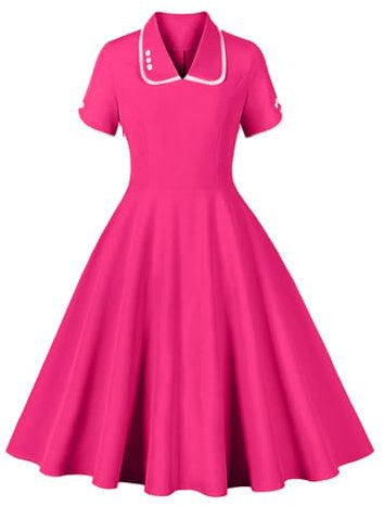 Robe trapèze évasée à col claudine pour femme, rose rouge, XXL