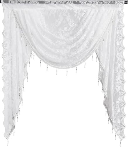 FYBlossom Spitze Wasserfall Volants Vorhang Für Fenster, Vintage Jacquard Scheibengardine Spitze Bistrogardine Mit Perlen Quasten, Floral Bestickt Gardinen Kurzstore (Weiß, H105 x B100 cm)