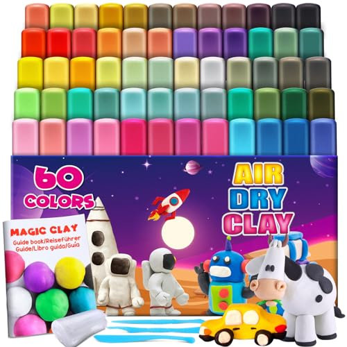 essenson Modelliermasse Lufttrocknend, 60 Farben Lufttrockener Magischer Knete für Kinder, Geschenk für Jungen und Mädchen im Alter von 3-12 Jahren