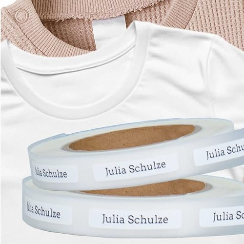 Kiwistar - 100 Namensschilder für Kleidung Rolle 6x1 cm - weiß - Namensaufkleber Kinder Schule zum aufbügeln mit Bügeleisen - Wäscheetiketten zum aufbügeln - Wunschtext waschmaschinenfest