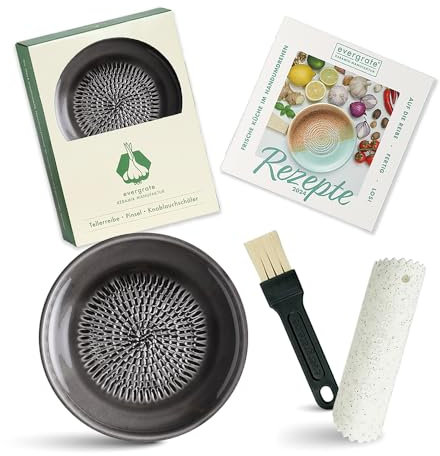 Evergrate® Keramikreibe Anthrazit mit Geschenkbox – mit Reibe, Knoblauchschäler, Rezeptheft & Pinsel – Handgefertigt für Ingwer, Knoblauch & mehr – Spülmaschinenfest & langlebig