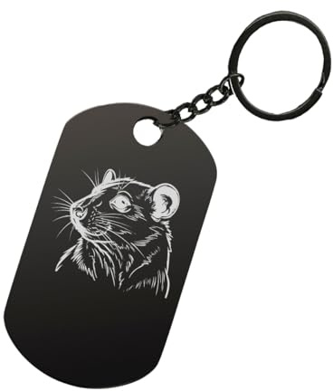 Schlüsselanhänger mit Ratten-Illustration, lasergraviert, Stahl, Schwarz