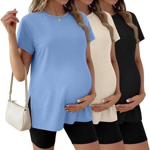 Ficerd, Confezione da 3 Magliette Premaman da Donna, Manica Corta, Spacchi Laterali, Casual, Girocollo, per Gravidanza(Nero, Crema, Azzurro Cielo,L)