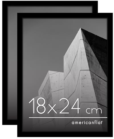 Americanflat Cadre Photo 18x24 cm Noir - Cadre 24x18 cm avec Bordure Fine, Vitre Antichoc, Chevalet et Matériel de Suspension Intégré pour Mur et Surface Plane - Lot de 2
