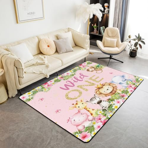 Homewish Tapis Salon 150x200 Petit Animal Mignon Safari de la Faune Tapis Chambre pour Les Enfants Kawaii Hippo Giraffe Zèbre Lion Elephant Ferme Nature Fleur Rose Tapis de Salon