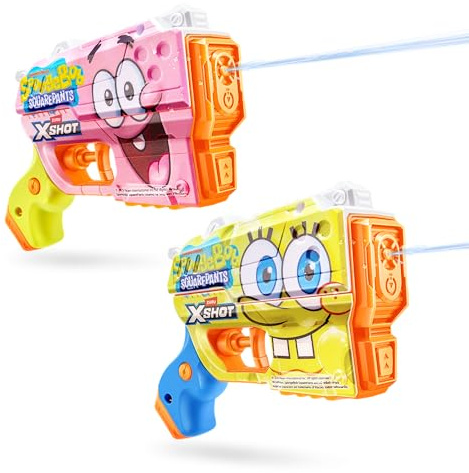 XSHOT Water Spongebob Jr Fast Fill Wasserblaster (2er-Pack) von ZURU – Kindgerechter Wasserblaster mit Spongebob Design, Fast Fill Technologie, 9m Reichweite & 150ml Tank, Rosa