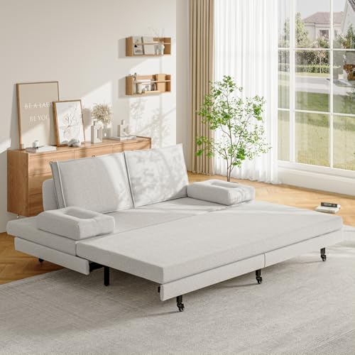 Mokylor Ausziehbares Schlafsofa 90/160 x 200 cm, Ausziehbetten mit Lattenrost, multifunktionales 2-in-1 ausziehbares Doppelbett, 2-Sitzer-Sofa, Leinen (Weiß-B, 90x200)