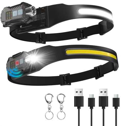 Sogdeco Stirnlampe LED Wiederaufladbar, Kopflampe 400 Lumen 230°Weitwinkel Sensor Abnehmbarer Stirnlampe 9 Lichtmodi Leichte IPX65 Wasserdichte Stirnlamp für Wandern Camping Joggen (2Pcs)