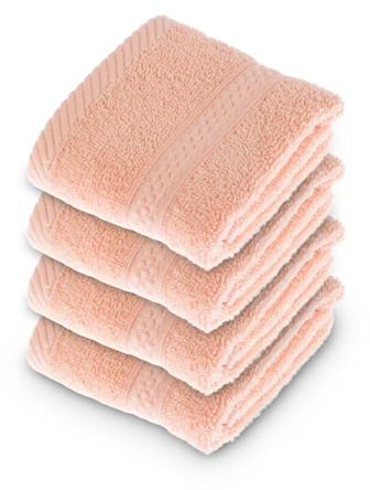 HOMESCAPES Peach Turkish Cotton Set of 4 Face Cloths Flannel Super Soft Thick & Absorbent 500 GSM Towel Heavy Weight for everyday Luxury
