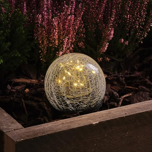 Lights4fun Solar-Gartenkugel mit strukturierter Oberfläche | mit 20 warmweißen Mikro-LEDs | Solarbetrieb Sonnenergie | Sommer Frühling Deko Garten Balkon Terrasse | ø 10 cm
