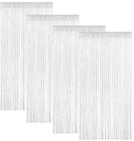 Chingcoo 4 Stück Fadenvorhang Türvorhang 100x200cm, Glitzer Perlenvorhang Raumteiler Fensterdekoration für Hochzeit Party Dekoration (Weiß)