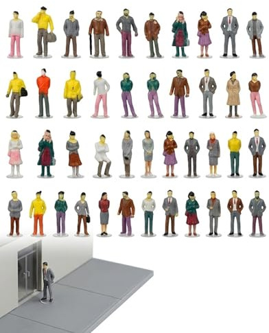 AEUXZA 50 Stück Miniatur Figuren 1:100 – Bemalte Modellbahn-Menschen 18mm, ABS Modellbau Figuren sitzend & stehend für Diorama, Sandtisch & Architekturmodell