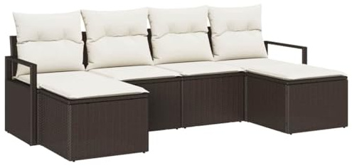 HETFTJN Garten Lounge Set 6-teilig Poly Rattan Sitzgruppe Modular mit Stauraum-Funktion Couch-Garnitur für Terrasse und Balkon Inklusive Auflagen und Fußhocker Braun Creme 5-Sitzer