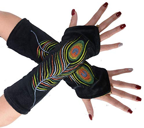 Kunst und Magie Samt Armstulpen Stulpen Handwärmer 'Pfauenfeder' Handschuhe