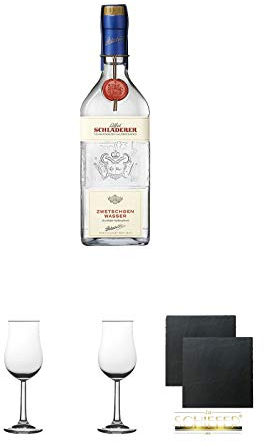 Schladerer Zwetschgenwasser 0,35l aus vollreifen Früchten - Deutschland + 2 Bugatti Nosing Gläser mit Eichstrich 2cl und 4cl + 2 Schiefer Glasuntersetzer eckig ca. 9,5 cm Ø