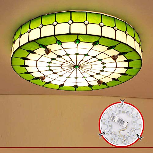 LED Tiffany-Stil Deckenlampe, Dimmbare Buntglas-Deckenleuchte, Rund Flush Mount Deckenleuchten für Schlafzimmer Wohnzimmer, Grün,50cm