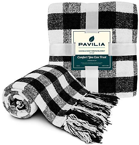 PAVILIA Plaid weiße Überwurfdecke für Couch, Chenille-Decke für Sofa, Bett, weiche gestrickte gewebte Decke mit Quaste, dekorative Decke für Stuhl, Wohnzimmer, Büffelkaro, Schwarz/Weiß, 127 x 152 cm