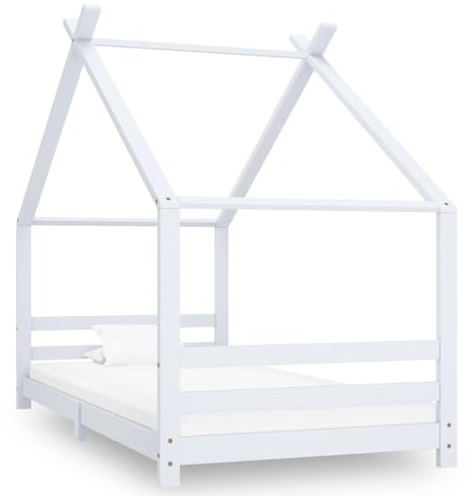 vidaXL Kiefernholz Massiv Kinder Bettgestell Kinderbett Hausbett Bett Holzbett Kinderhaus Spielbett Lattenrost Kinderzimmer Weiß 90x200cm