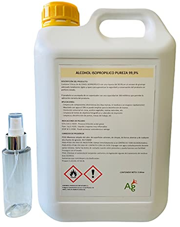 ALCOHOL ISOPROPILICO 99,9% RIQUEZA | ISOPROPANOL | 5 Litros | INCLUYE PULVERIZADOR 100 ML | Limpieza de componentes electrónicos, pantallas, lentes y desinfección de superficies