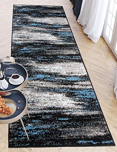 Carpeto Rugs Teppich Läufer Flur - Modern Teppichläufer – Kurzflor, Weich - für Küche Vorzimmer Eingangsbereich Schlafzimmer - Meterware 80 cm Breit - Grau Blau 80 x 150 cm