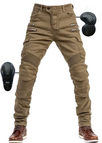 SHUOJIA Herren Motorradhose Jeans mit Schutz Motorrad Biker Pant 4 X Schutzausrüstung (Khaki,L)