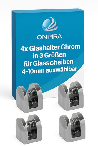 4x Glashalter Chrom – 3 Größen auswählbar für Glasscheiben 4–10 mm, robustes Halter-Set für Möbel, Vitrinen, Regale, DIY-Projekte, sichere und stabile Befestigung (23x23mm / 10mm)