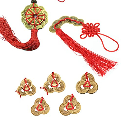 XHBTS Chinesischer Knoten Glücksmünzen Feng Shui Münzen I-Ching Glücksmünze 5 chinesische Feng Shui Münzen 1 roter chinesischer Knoten Feng Shui Set für viel Glück und gesundes Glück Heimdekoration