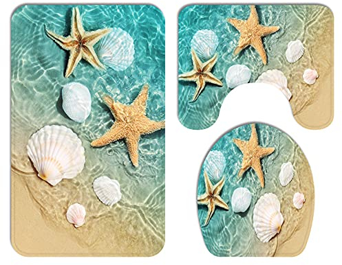 YXWHY Muschel Seestern Strand Badematten Set 3 Teilig Teppich,Weich Badteppich Badematten Set,Maschinenwaschbare und rutschfeste Badematte und Toilettenmatte für Badewanne,Dusche,Badezimmer
