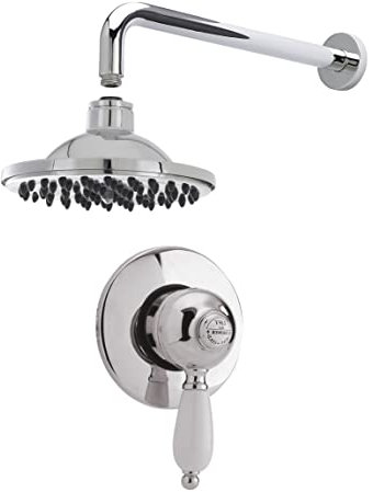 Nuie SBT51MV1 Bundle Traditional Bathroom Concealed Manual Valve with Lever Handle, Round Wall Mounted Arm and Fixed Shower Head, Chrome