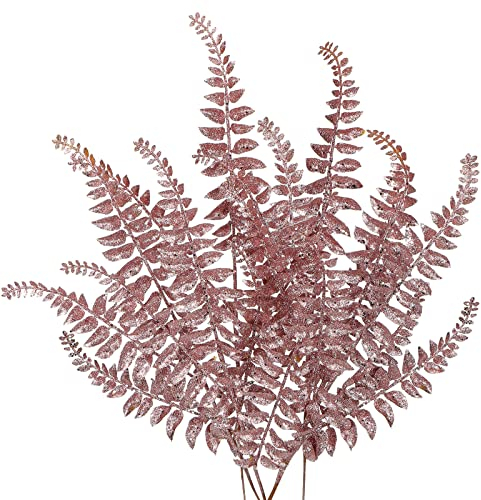 Oairse 60 cm Ensemble de 6 Plantes Artificielles Branche Artificielle Décoration de Noël Paillettes Feuilles de Noël pour Sapin de Noël Nouvel an Ornements, Fougère Artificielle pour Décoration, Rose
