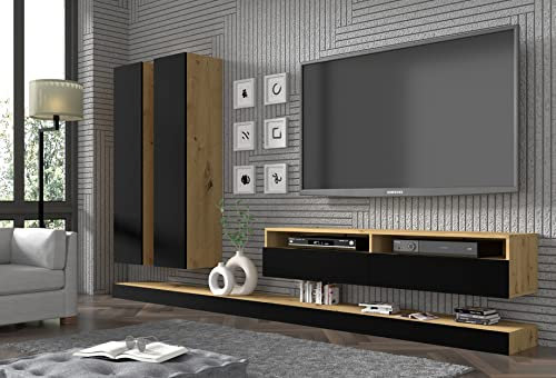 BIM Furniture Wohnwand Duo Maxi Anbauwand Wohnzimmer- Set Vitrine Lowboard schwarz matt Artisan Eiche
