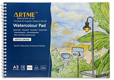 Artme A3 Aquarellblock, 12 Blatt, 300 g/m², fest strukturiert, kaltgepresst, frei von Zellulose, säurefrei, Premium-Qualität, Zeichenblock, Skizzenbuch, Aquarelle und Gouache-Malerei (1 Packung)