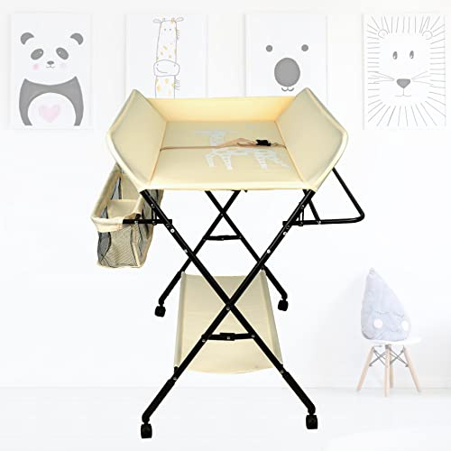XUANYU Klappbare Baby Wickelkommode, Wickeltisch auf Rädern, Wickeltisch mit Stauraum, Höhenverstellbare 92/95/98 cm, Wickelkissen mit Höhenskala (Gelb)