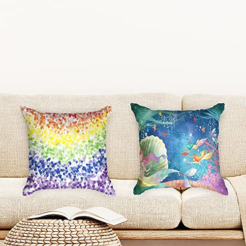 Ulticool - Kissenhülle - Regenbogen Herzen Meerjungfrau - Set von 2 Motiven – 45 cm x 45 cm - Dekokissen ohne Füllung - Kissenbezug Zubehör für Sofa/Bett