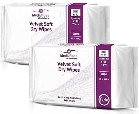 Farla Medical MediWipes Velvet Soft Dry Wipes, 2 Pack of 100, Super Absorbent, Biodegradable, Skin Cleansing Wipes for Adults & Babies